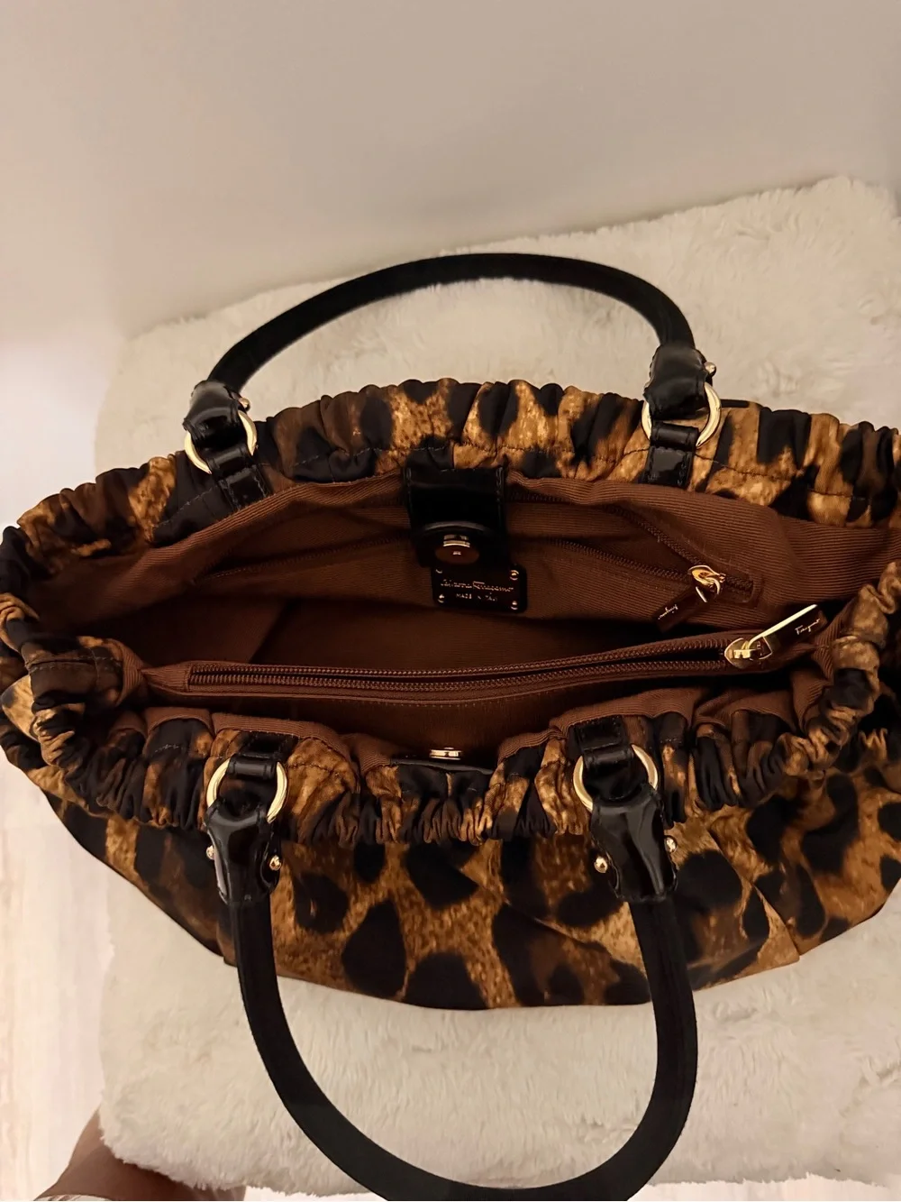 Salvatore Ferragamo Leopard Print Tote in Tan and Black